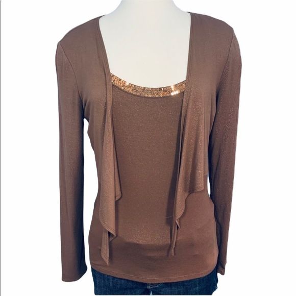 EUC INC Cardigan Set Brown Sequins Trim Petite Small - Picture 2 of 7